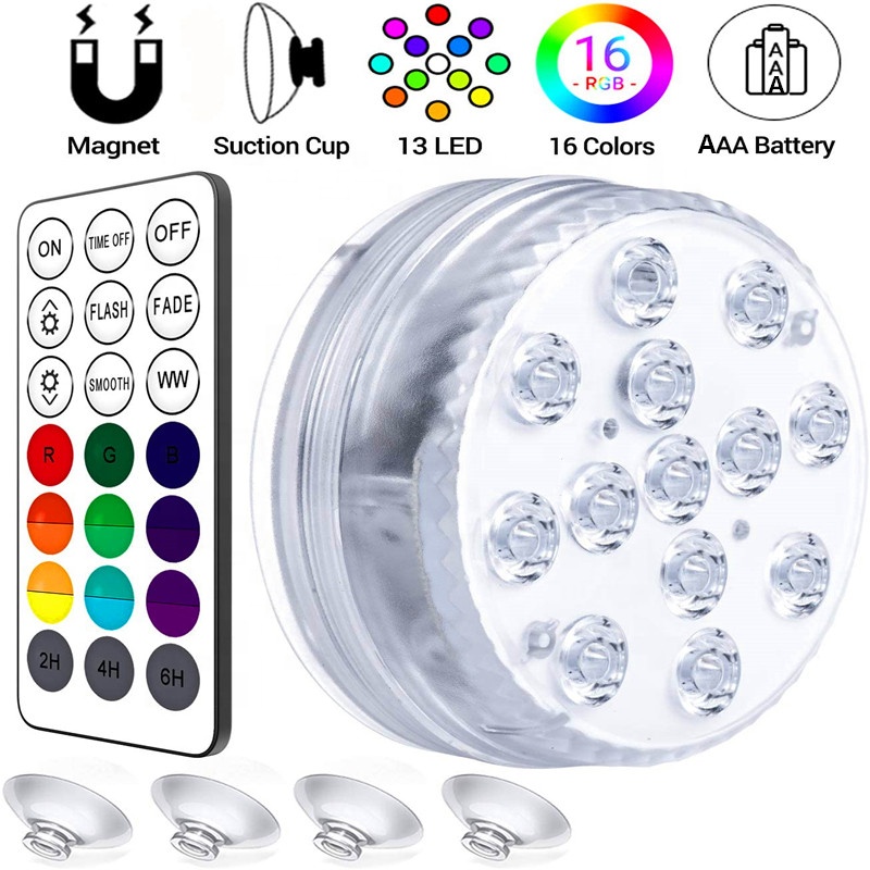 High Quality 13 Leds Rgb 16 Colors Submersible Swimming Pool Waterproof IP68 Light with Magnet and RF Remote for Wedding Party