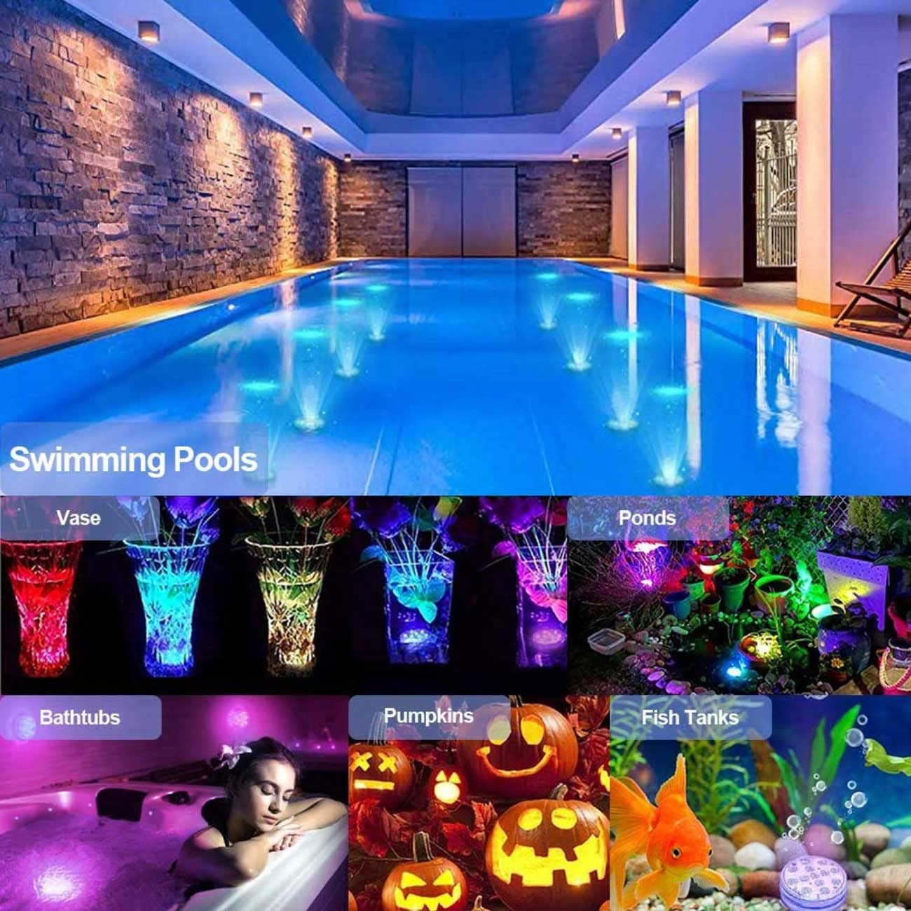 Submersible LED Light Waterproof IP68 RGB Underwater Pool Light with RF Remote 13 Bead Suction Cup Battery Operated Shower Light