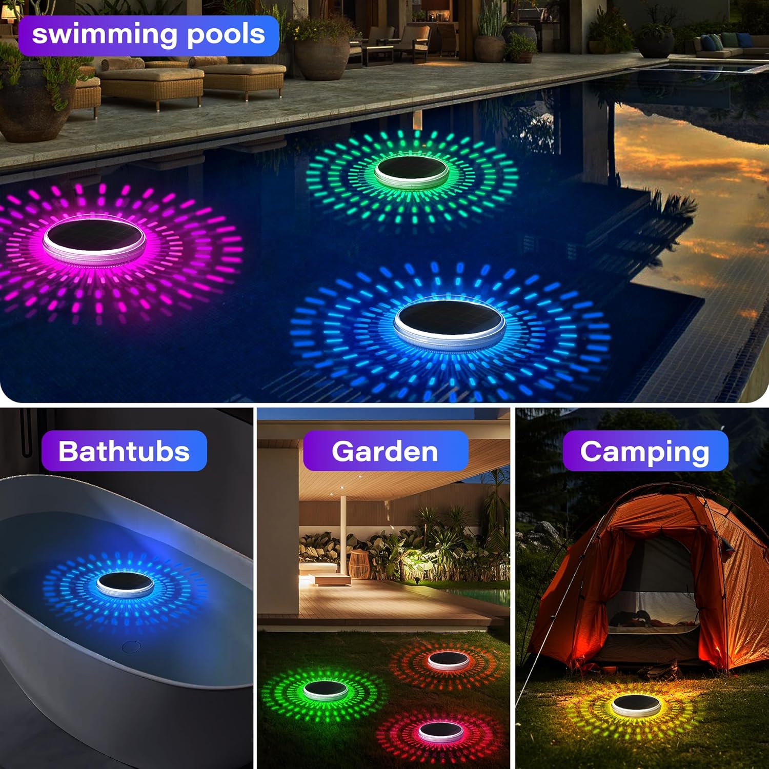 Coxseni Solar Floating Pool Lights 4-Pack RGB LED IPX7 Waterproof Remote Control 3000mAh Lithium Battery Swimming Pool Modern