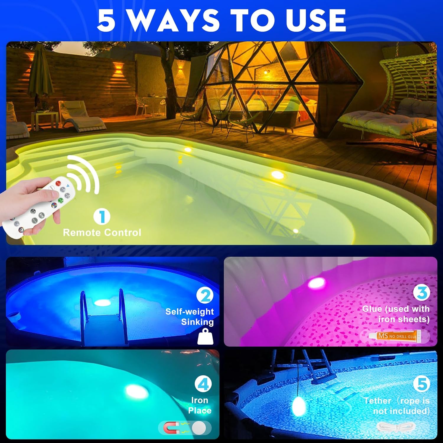 LED Pool Light Remote Control Waterproof Magnetic Submersible for Inground/Above Ground Pools &amp; Hot Tub 1 PC