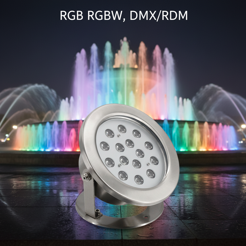RGW RGBW 9W DMX Swimming Pool Led Underwater Light Stainless Steel 304 IP68 Adjustable 24 Volt Single Color, RGB-DMX 145*155mm