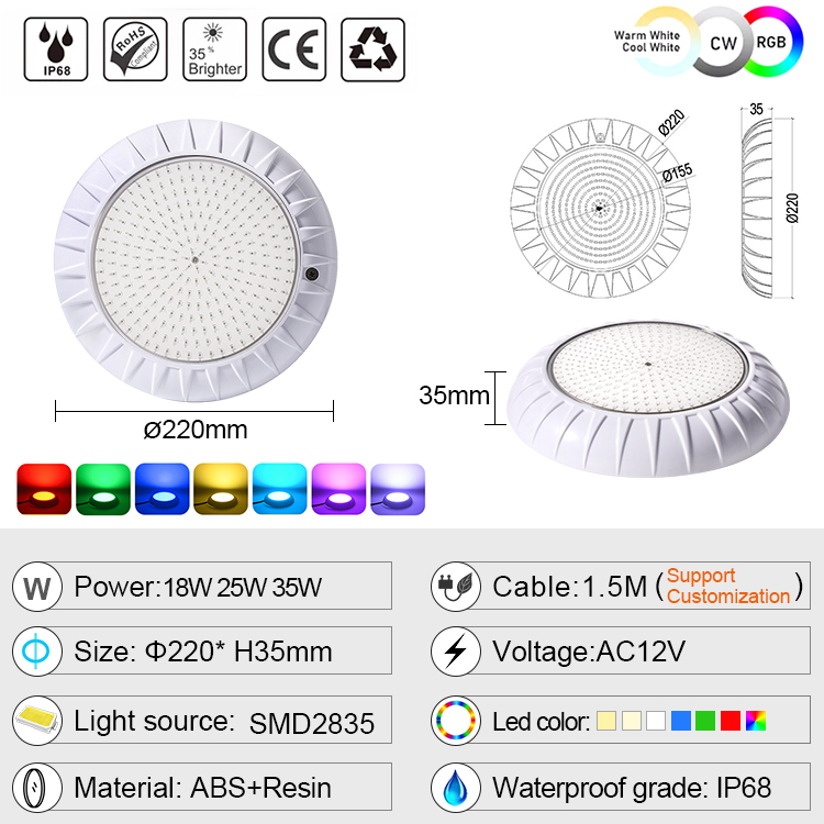 High Quality Pool Lamp Concrete Wireless 12V 18W Flat Oem Ip68 Waterproof Led Swimming Pool Light