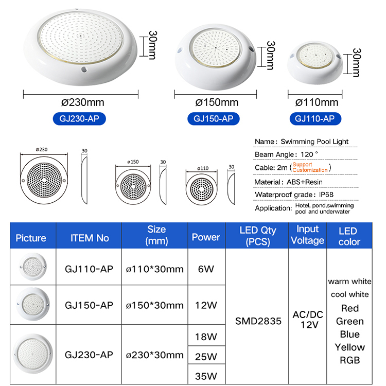 Ip68 6W 12W 18W 25W 35W RGB LED Swimming Pool Light ABS Body Warm White CCT Remote Control Pool Lamp For Pond Color Change