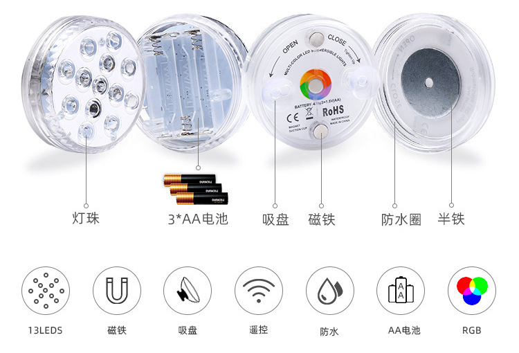 Hot Selling! IP68 Water Proof Underwater Pool Light IP68 Magnet RGB 13 LED Bright Lamp Submersible LED Lights with Remote Swimm