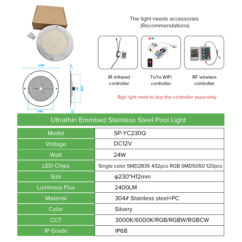 IP68 Recessed Pool Lights DC12V 24W Lights For Swimming Pools Stainless Steel Best Pool Lights 3000K/ 6000K/single Color RGB