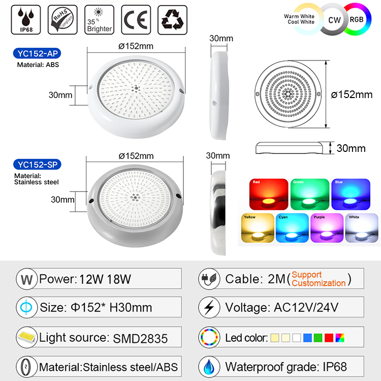Top Sale 152mm Pool Lamp 12V AC Ip68 Waterproof Color Changing Underwater Led Rgb RGBW Swimming Pool Light