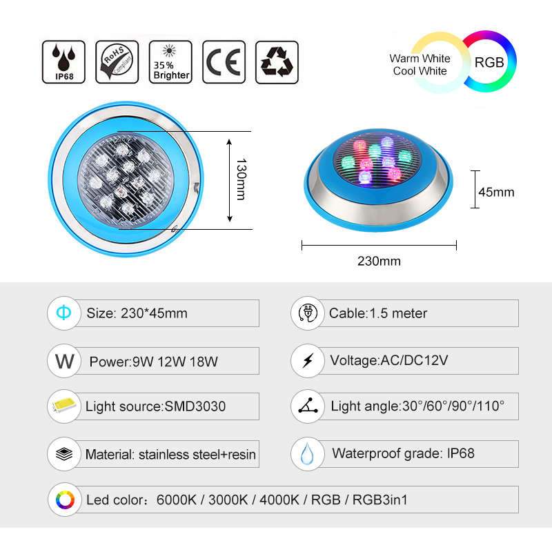 304 Stainless Steel Durable Outdoor IP68 Swimming Pool LED Light RGB Color-Changing CE Certified Low Voltage AC/DC 12V 3-Year