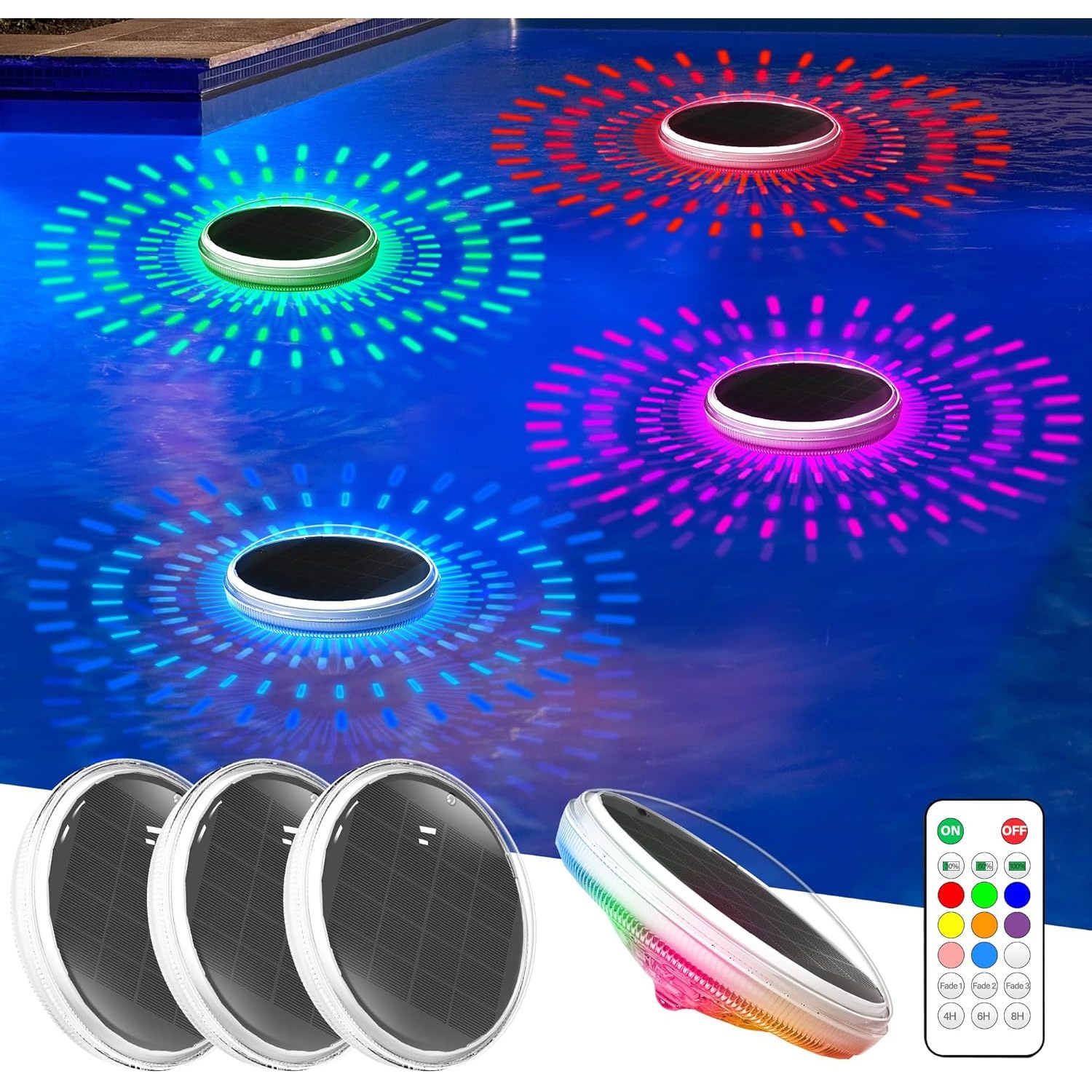 Coxseni Solar Floating Pool Lights 4-Pack RGB LED IPX7 Waterproof Remote Control 3000mAh Lithium Battery Swimming Pool Modern