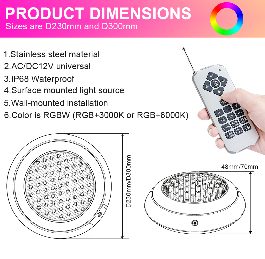 18W DC12V RGBW RGB+3000K RGB+6000K LED Swimming Pool Light Spa Bulb Underwater Pond Light Tub Lamp Wall Mounted Stainless Steel