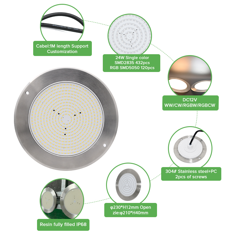 IP68 Recessed Pool Lights DC12V 24W Lights For Swimming Pools Stainless Steel Best Pool Lights 3000K/ 6000K/single Color RGB