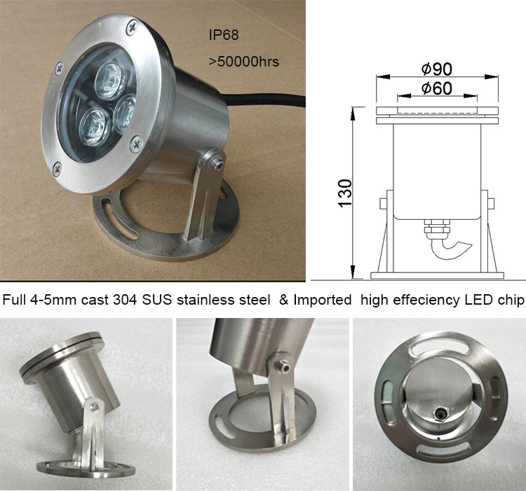High Brightness 3W DMX512 RGB Colorful IP68 Waterproof Stainless Steel LED Underwater Pool Light Installation