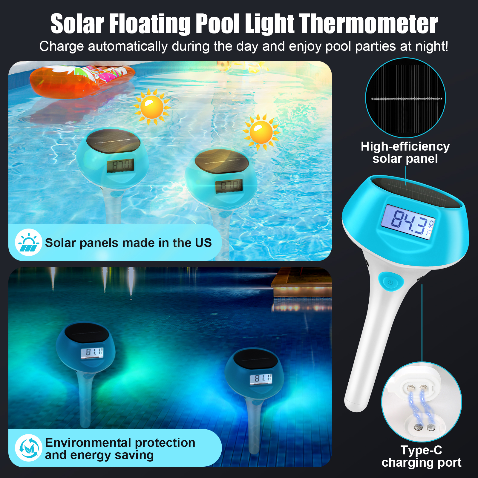 Floating Solar Pool Lights 22-Color 5-Mode IP68 Backlit Display Magnetic Charging Thermometer for Swimming Pool Ponds Tub Spa