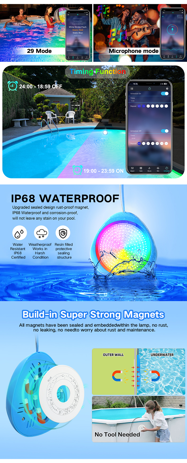 IP68 Waterproof 10W RGB Magnetic Underwater Submersible Above Ground APP Controlled Solar LED Pool Lights