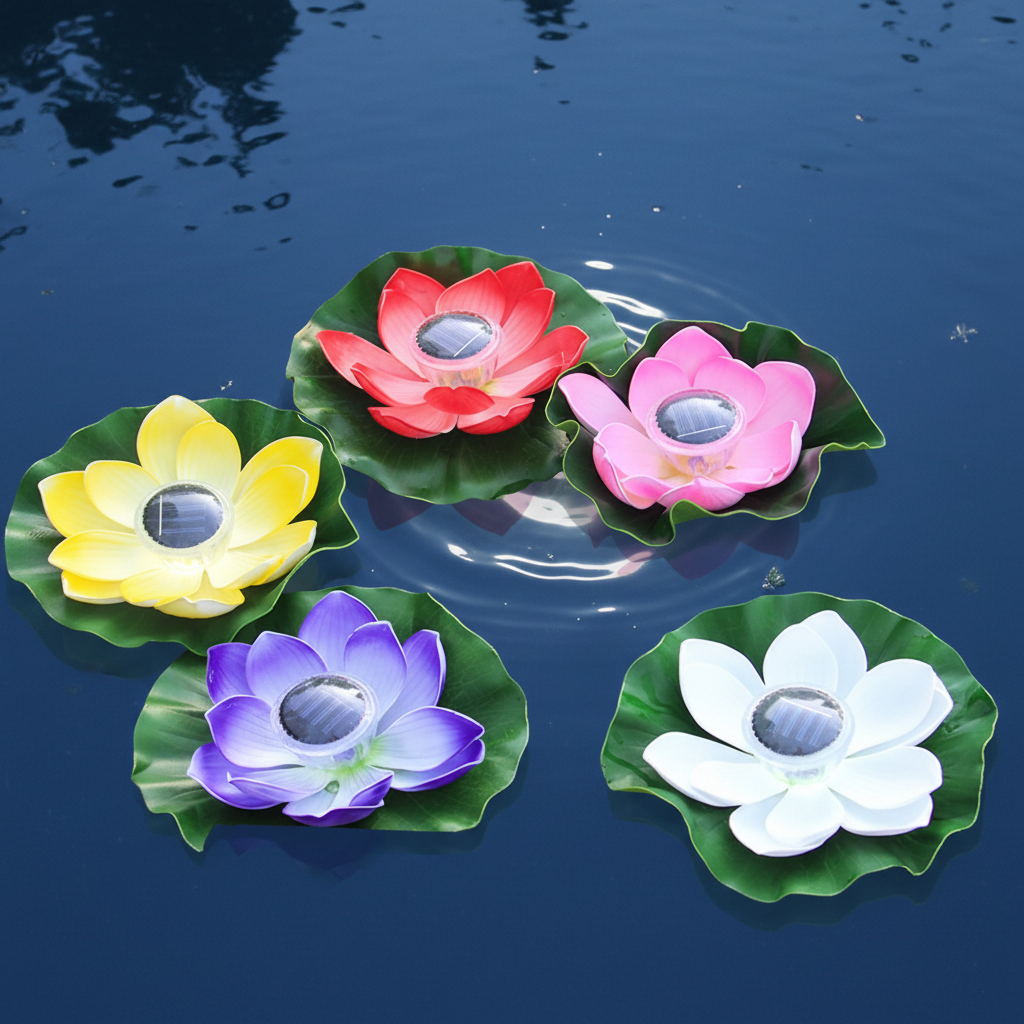 Color Changing Solar Floating Lotus Flower Lights PC Material IP65 Rated LED 1800lm Rechargeable Pool &amp; Pond Lighting