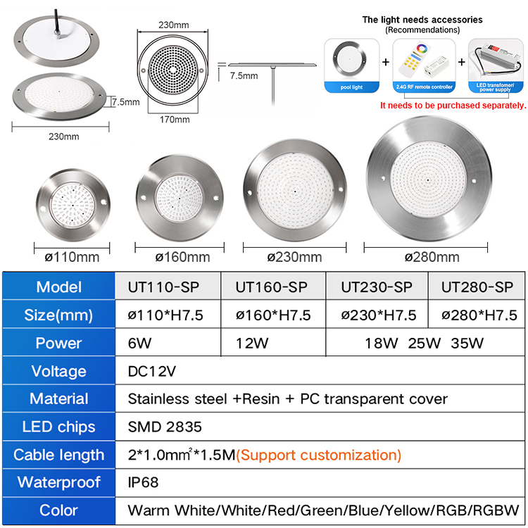 12V Ultrathin Ip68 316 Stainless Steel Anti Salty Water Spa Wall Mounted Led Rgb Rgbw Swimming Pool Lighting Underwater Lamp