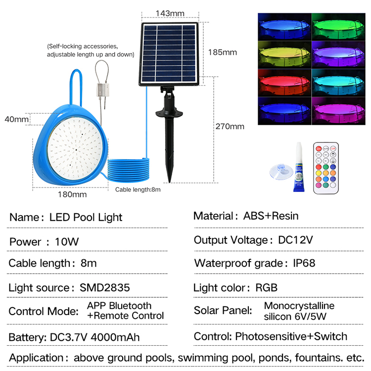 IP68 Waterproof 10W RGB Magnetic Underwater Submersible Above Ground APP Controlled Solar LED Pool Lights