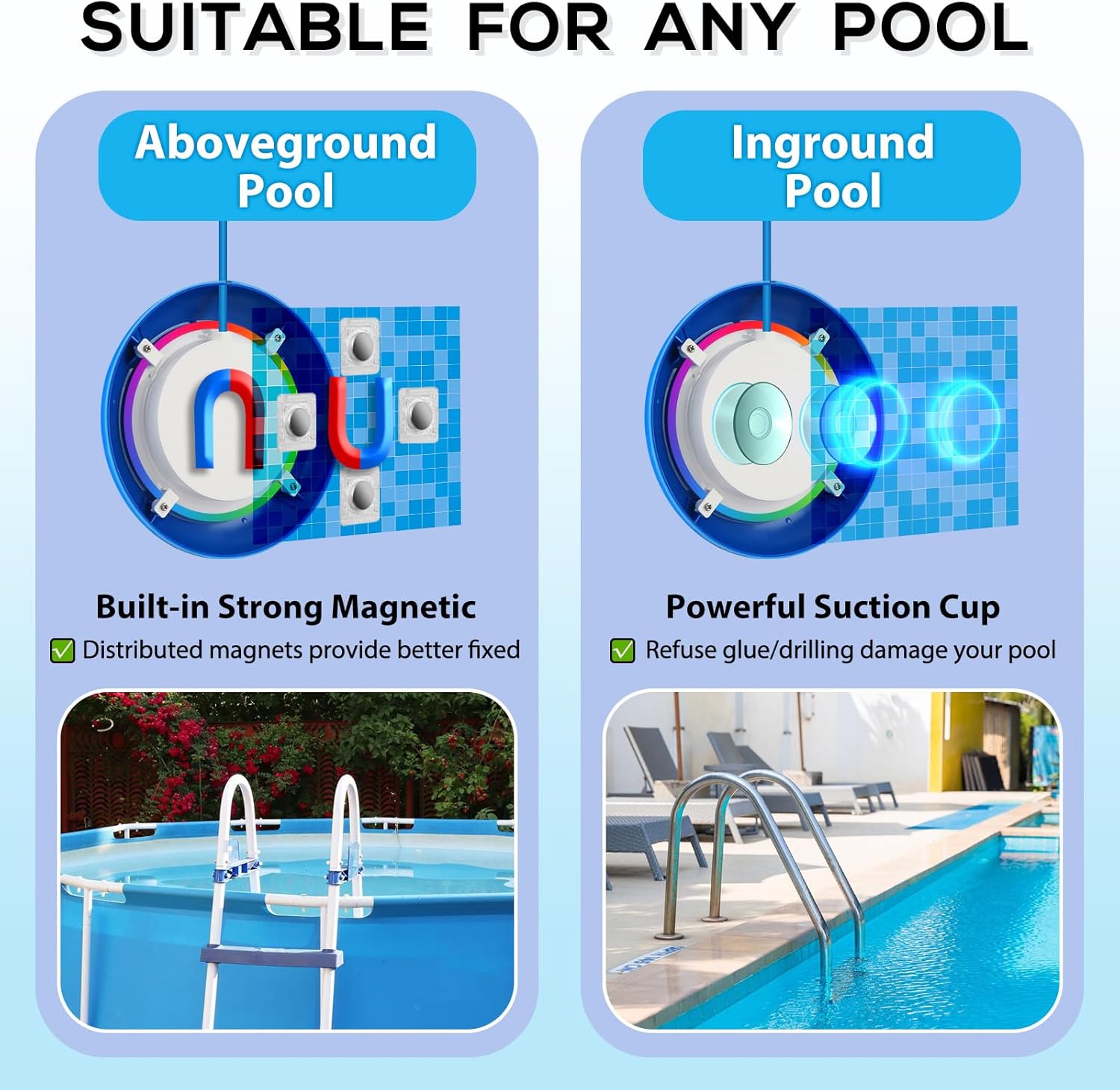 APP Control 20W RGB Dimmable LED Pool Lights with Suction Cups &amp; Built-in Magnets IP68 Waterproof for Ground Inground Pools
