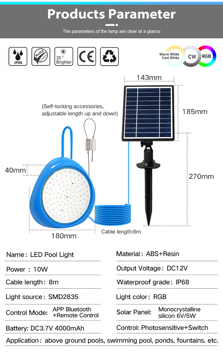 IP68 Waterproof 10W RGB Magnetic Underwater Submersible Above Ground APP Controlled Solar LED Pool Lights
