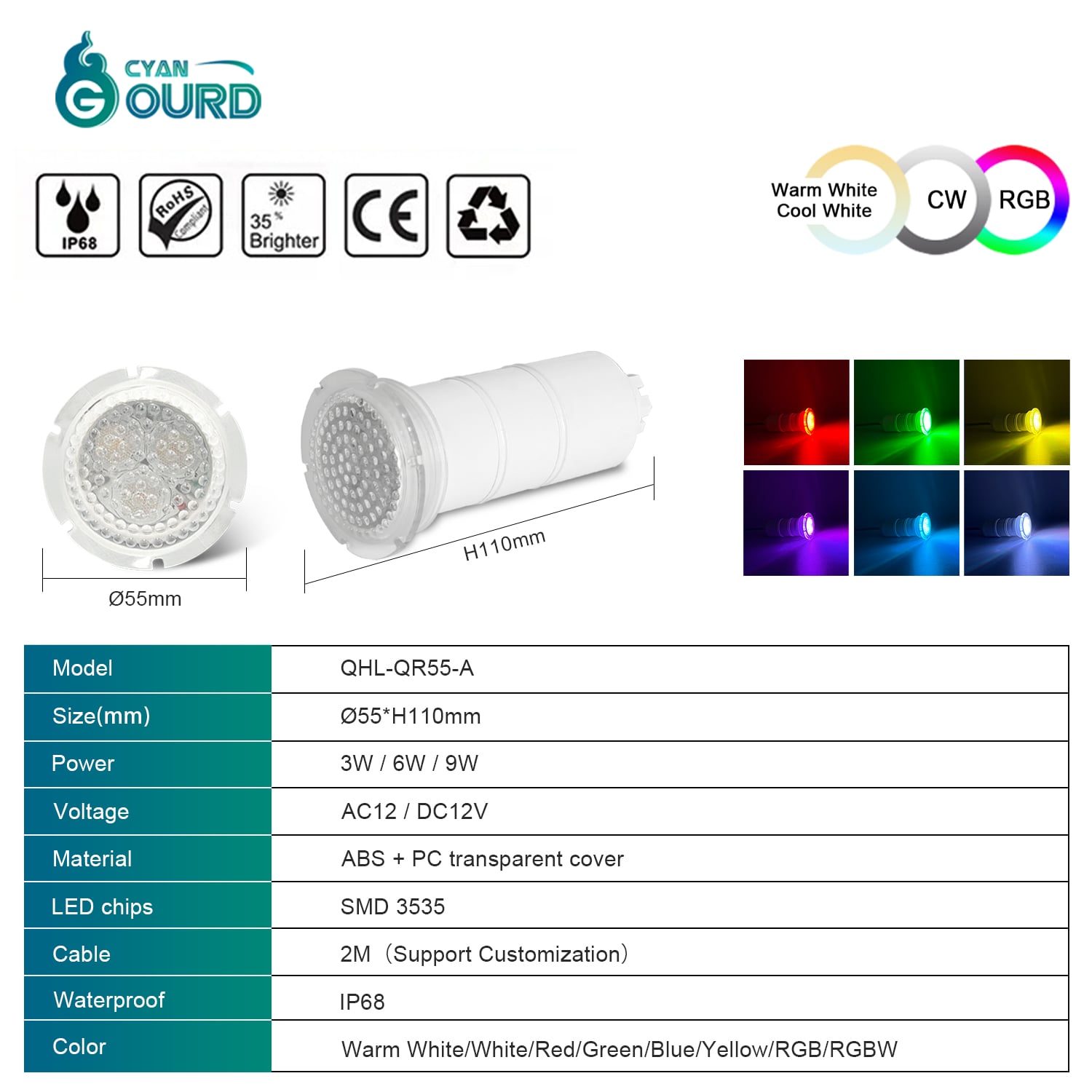 High Brightness Low Voltage Wireless Waterproof Rgb 55mm Replacement Nicheless Swimming Underwater Color Changing Pool Light