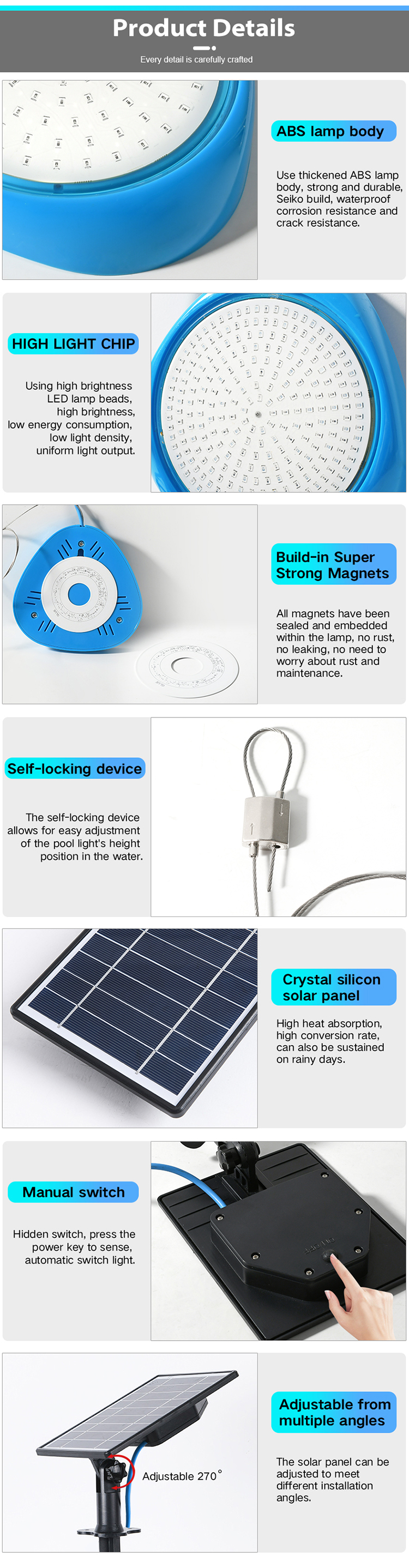 IP68 Waterproof 10W RGB Magnetic Underwater Submersible Above Ground APP Controlled Solar LED Pool Lights