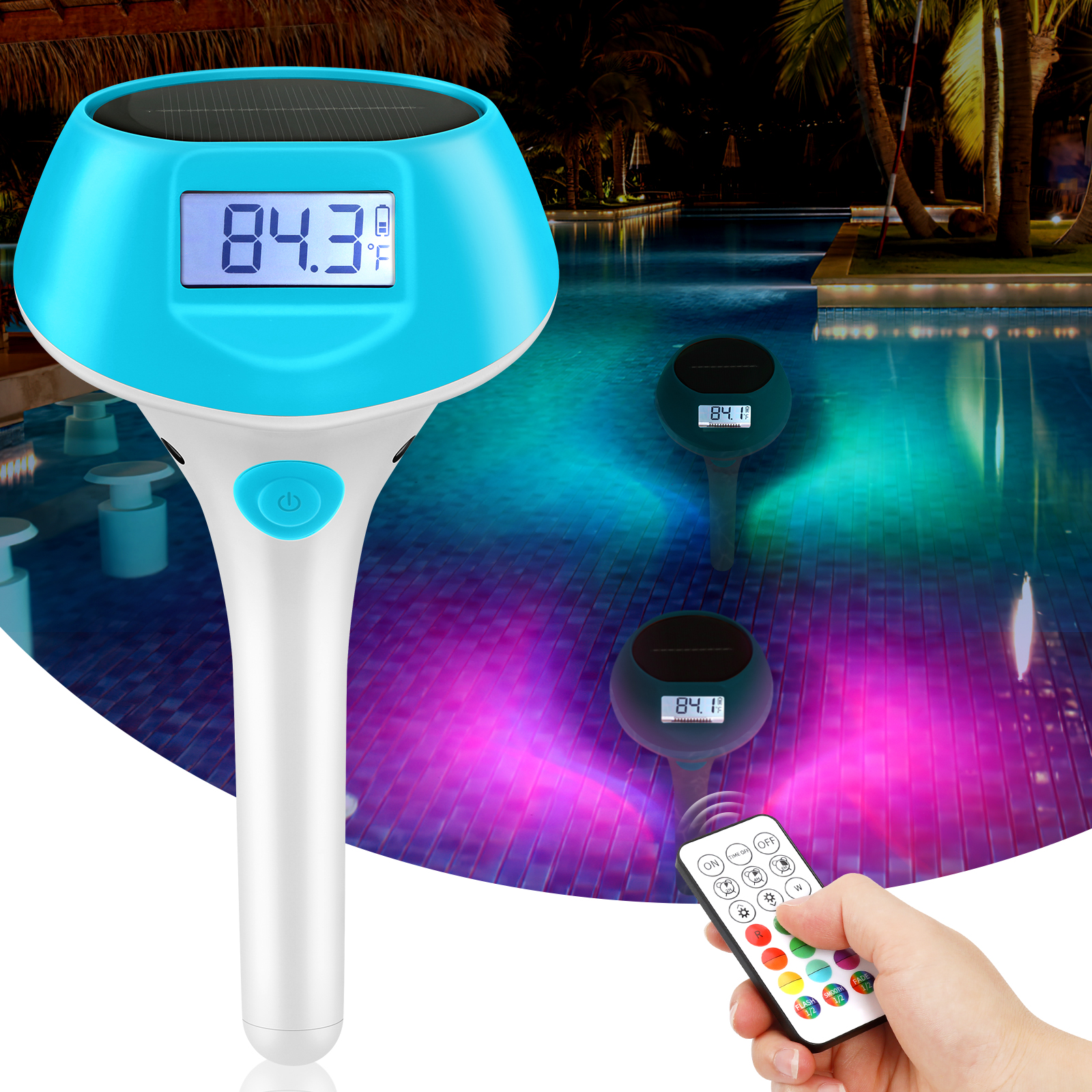 Floating Solar Pool Lights 22-Color 5-Mode IP68 Backlit Display Magnetic Charging Thermometer for Swimming Pool Ponds Tub Spa