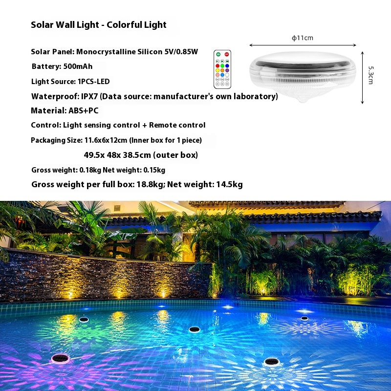 Waterproof IP67 Floating Solar Pool Light-Colorful LED RGB Wall Sconce-Remote Control Pond Decorative Sun Powered Lamp