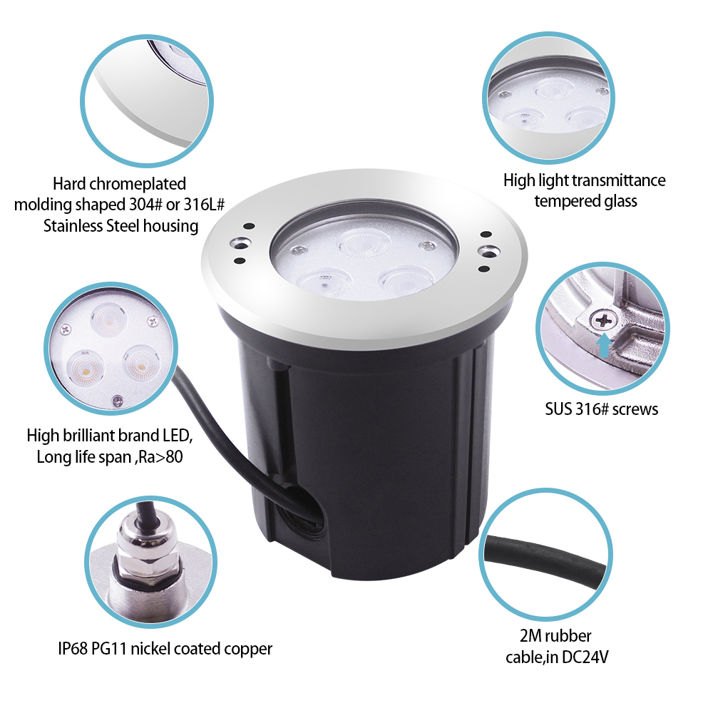 High Quality Durable IP68 12V/24V LED 316 Stainless Steel Inground Underwater Recessed Pool Light RGB Adjustable Beam Angle