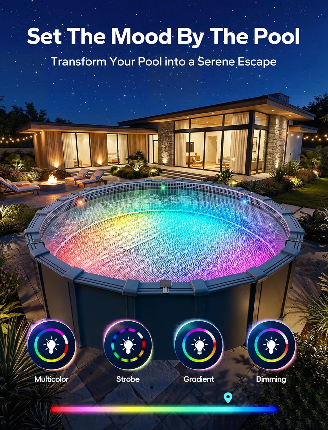 Solar Pool Lights for Inground &amp; Above Ground Pools 10-Color 4-Mode LED Remote Control Timer Waterproof (Black 1 Pack)