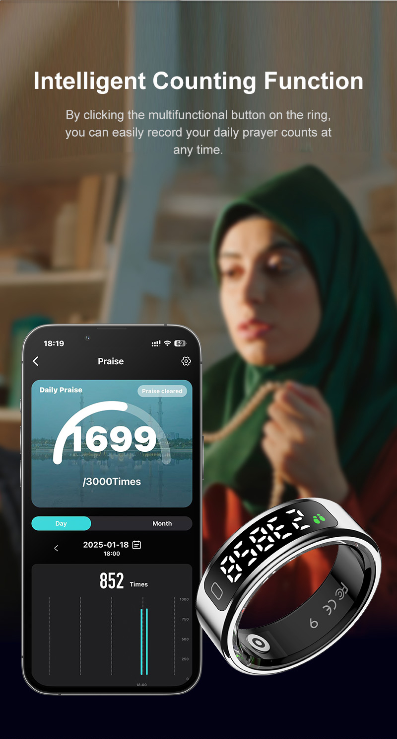 2026 Hot Selling Sincere Gift Muslim Intelligent Praise Android Plastic Touch Screen Countdown Smart Electronic Zikr Ring