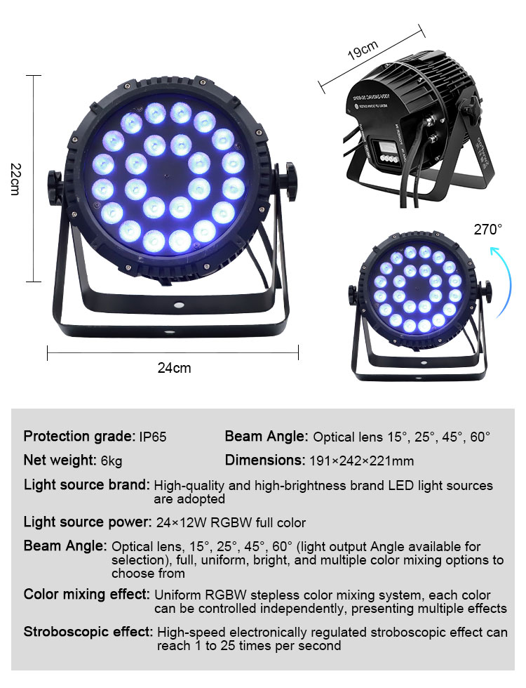 IP65 Waterproof Outdoor Par Light 24x12W RGBW 4-in-1 LED DMX512 8-Channel Sound Control CRI90 3200-7800K Stage/DJ/Wedding/Club