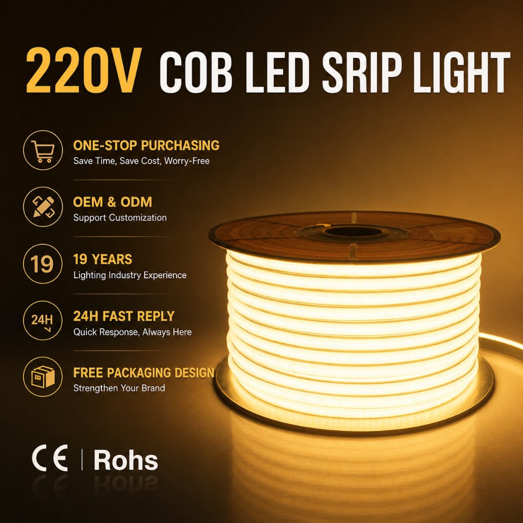 COB LED Strip Light 220V For Outdoor Use 100M Roll 8MM Ip65 10W M High Voltage Cuttable Flexible COB Tape 3000K 4000K 6000K