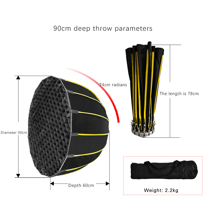 90cm Parabolic Softbox Professional Quick Set-up Deep Softbox With Grid And Bowen Mount For Studio Led Light