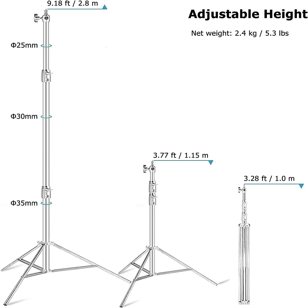 2.8m Light Stand Stainless Steel Spring Cusioned Heavy Duty Tripod Stand for Photography Studio Lighting Stand Softbox