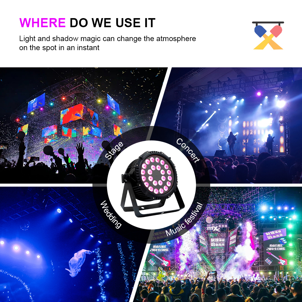 IP65 Waterproof Outdoor Par Light 24x12W RGBW 4-in-1 LED DMX512 8-Channel Sound Control CRI90 3200-7800K Stage/DJ/Wedding/Club
