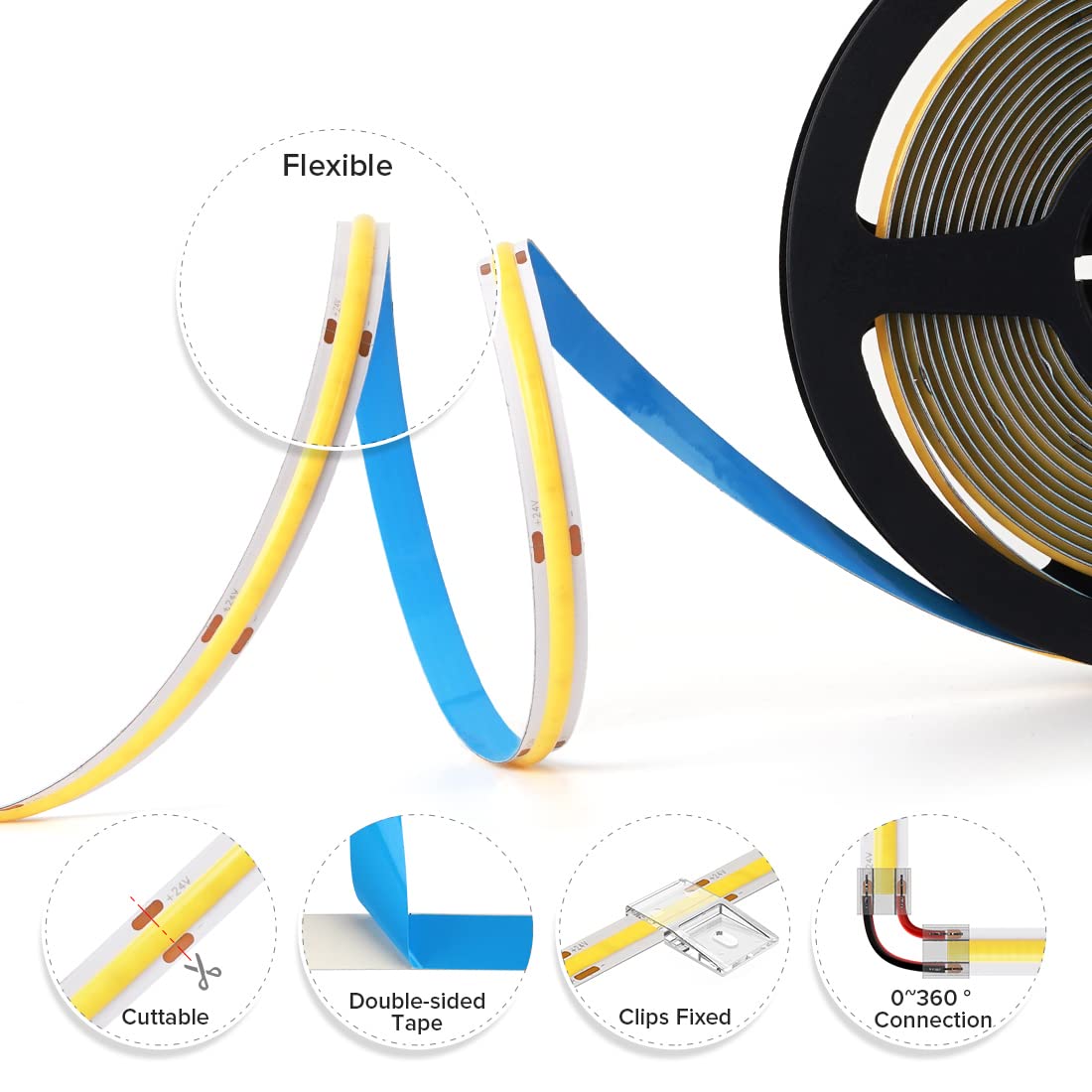 High Quality High Brightness Dimmable RA90 8mm 320Leds/m 24v 12v Cob Led Strip Light