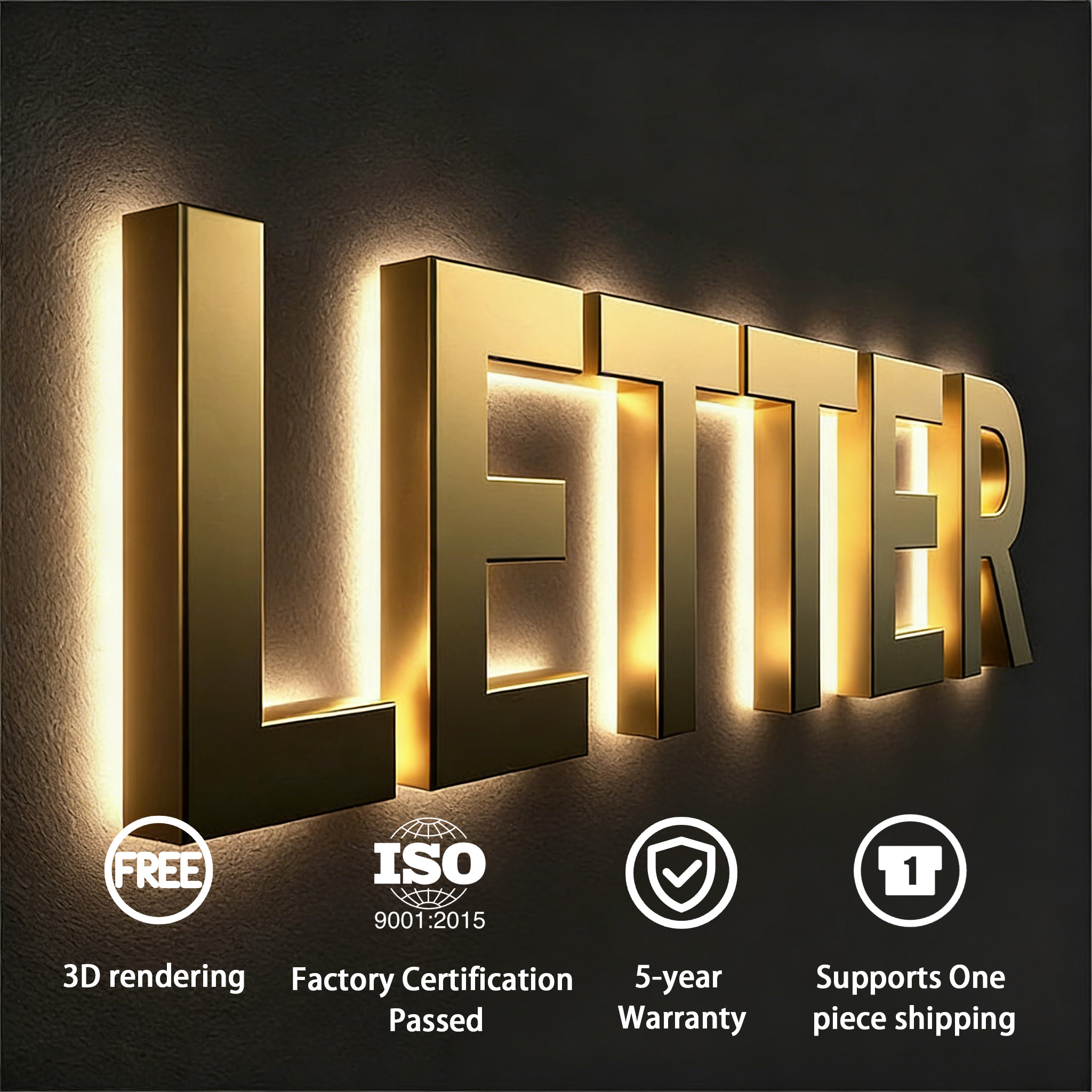 Company Logo Display 3D Backlit Gold Mirror Stainless Steel Led Illuminated Channel Letters Custom Led Sign For Business Indoor