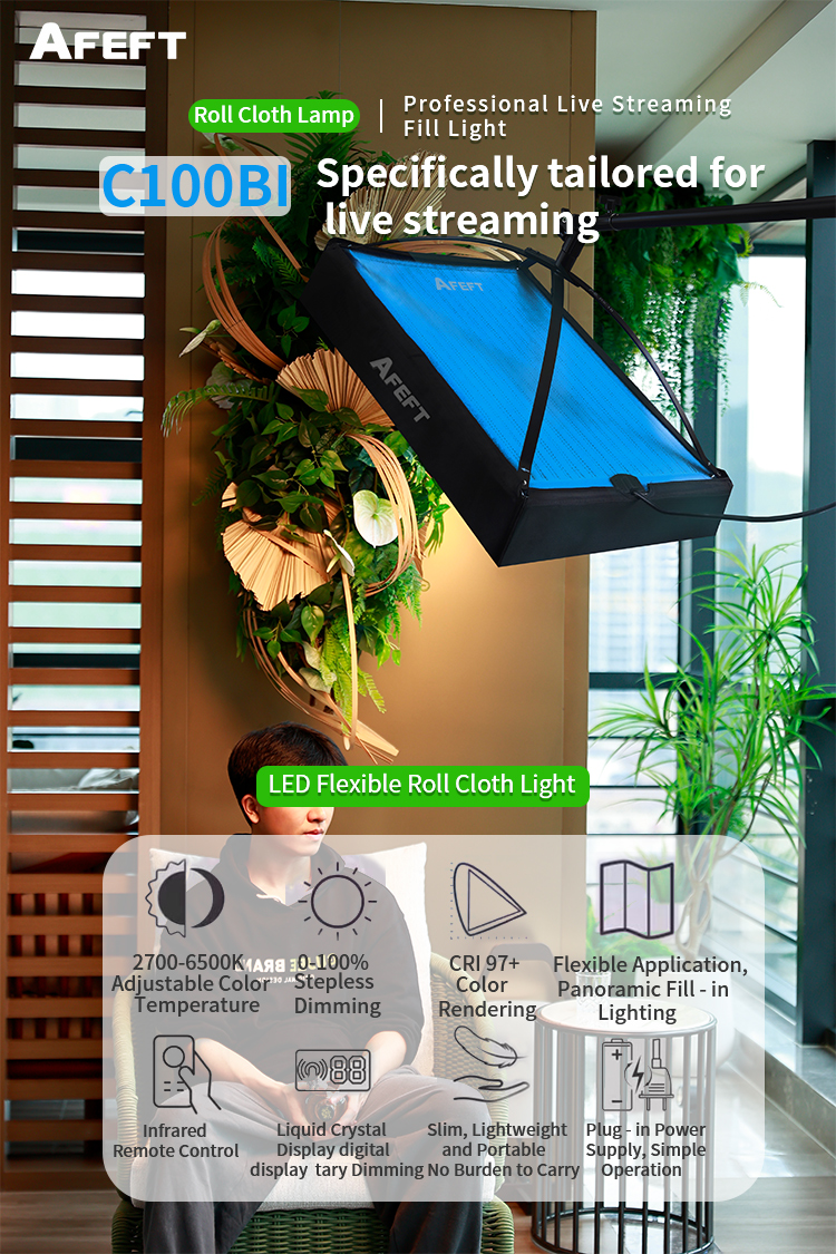 AFEFT 100W Dual-color Temperature ABS Photography Roll Light for Professional Shooting Live Streaming Portable Fill Light