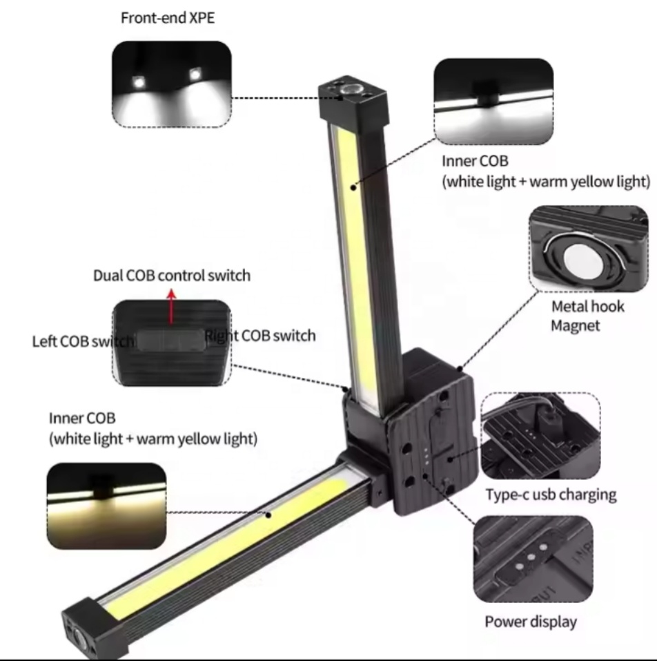 USB Rechargeable Magnetic 7th Gear Dimming Gym Lamp For Posing Handheld COB Work Light With 180 Degree Folding