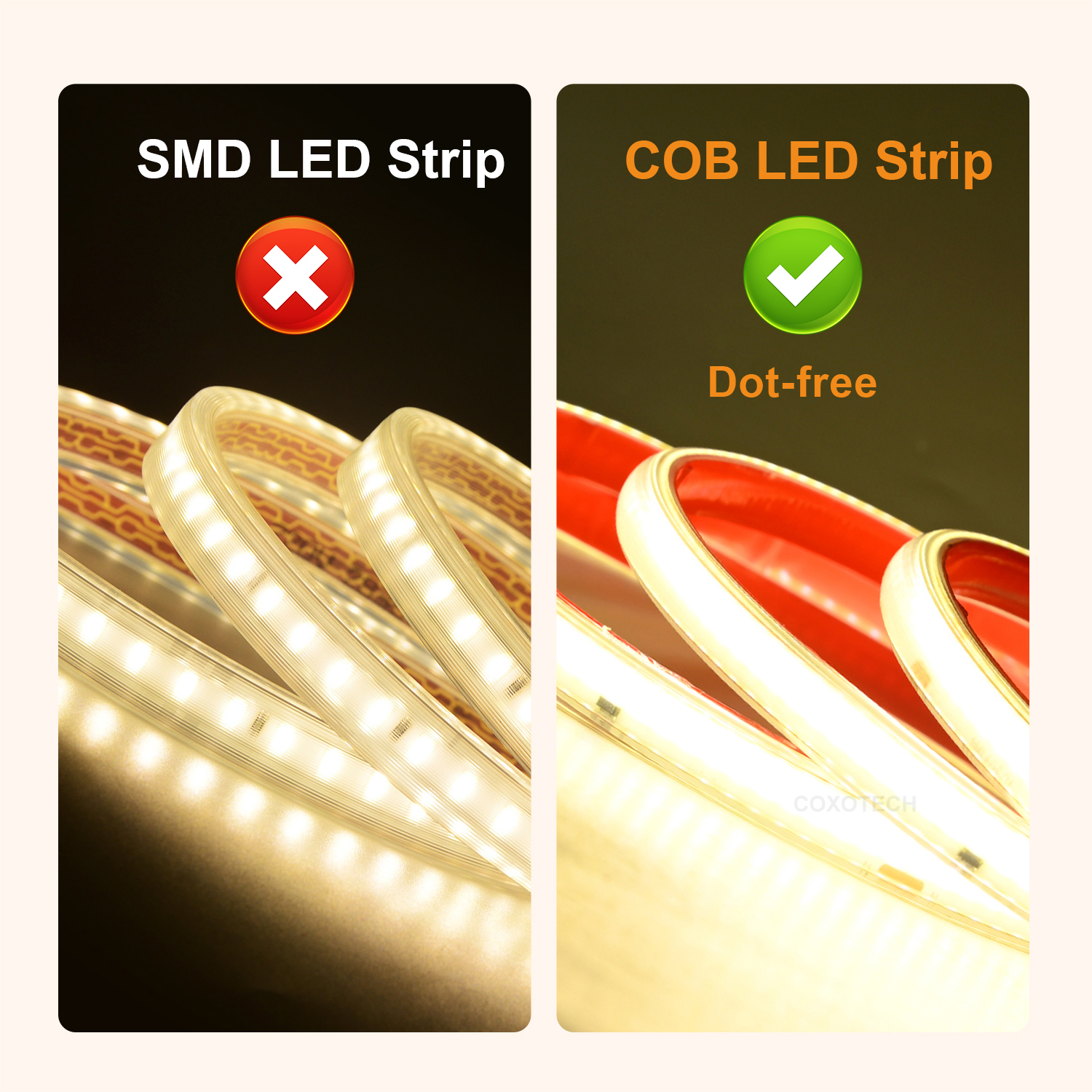 COXO Led Strip Band Ac 230v 220v 110V Driverless Ip65 Waterproof Dot Free 296led 50m 100m Roll Cob Led Light Strip 220v