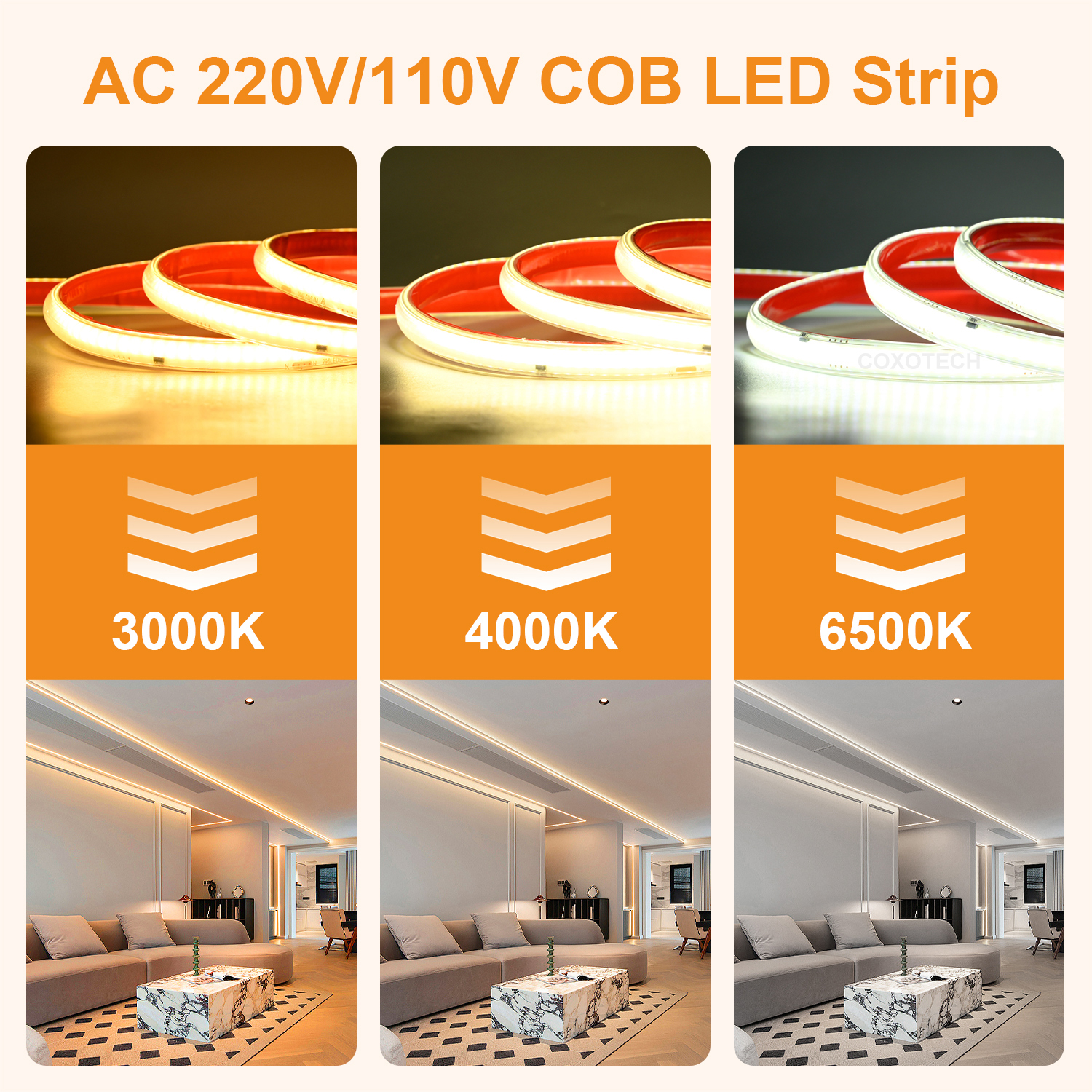 COXO Led Strip Band Ac 230v 220v 110V Driverless Ip65 Waterproof Dot Free 296led 50m 100m Roll Cob Led Light Strip 220v