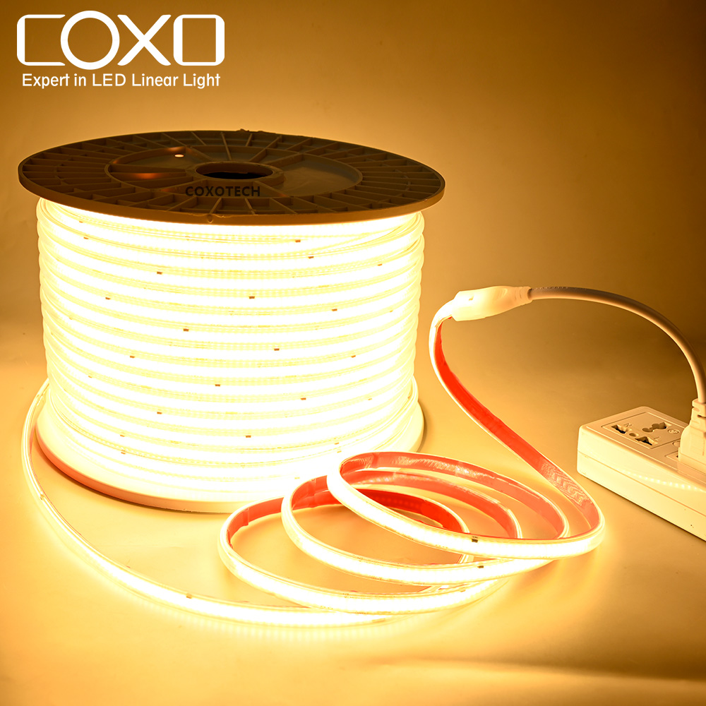 COXO Led Strip Band Ac 230v 220v 110V Driverless Ip65 Waterproof Dot Free 296led 50m 100m Roll Cob Led Light Strip 220v