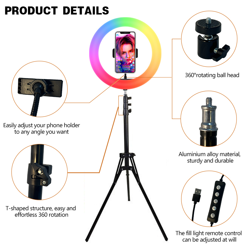 RGB LED Circle Ring Light 1.6M Tripod Stand Adjustable Color Temperature 2900-6500K Remote Control for Selfie Lighting