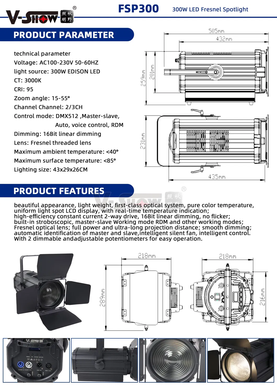 Zoom Spot LED Lighting 300W LED Fresnel Spotlight Studio Lights Details