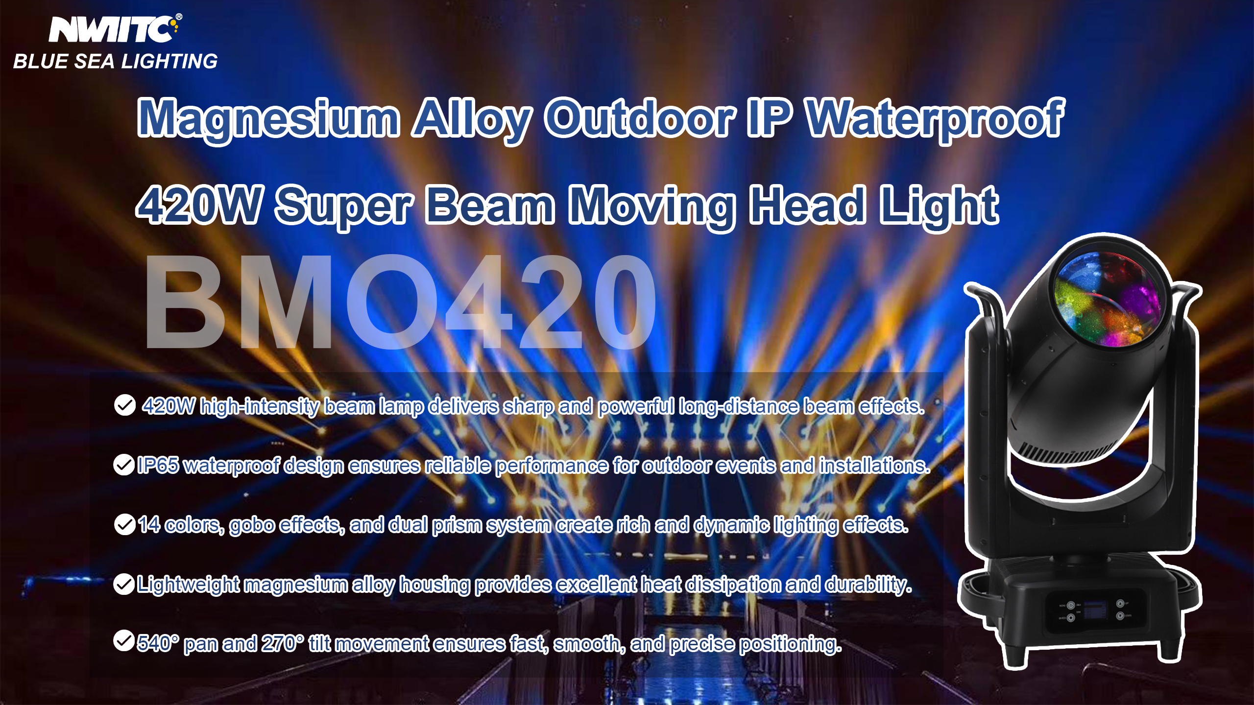 Magnesium Alloy High End Waterproof IP65 Outdoor 420W RGBW Beam Moving Head Light with DMX512 Control for Stage Event DJ Concert