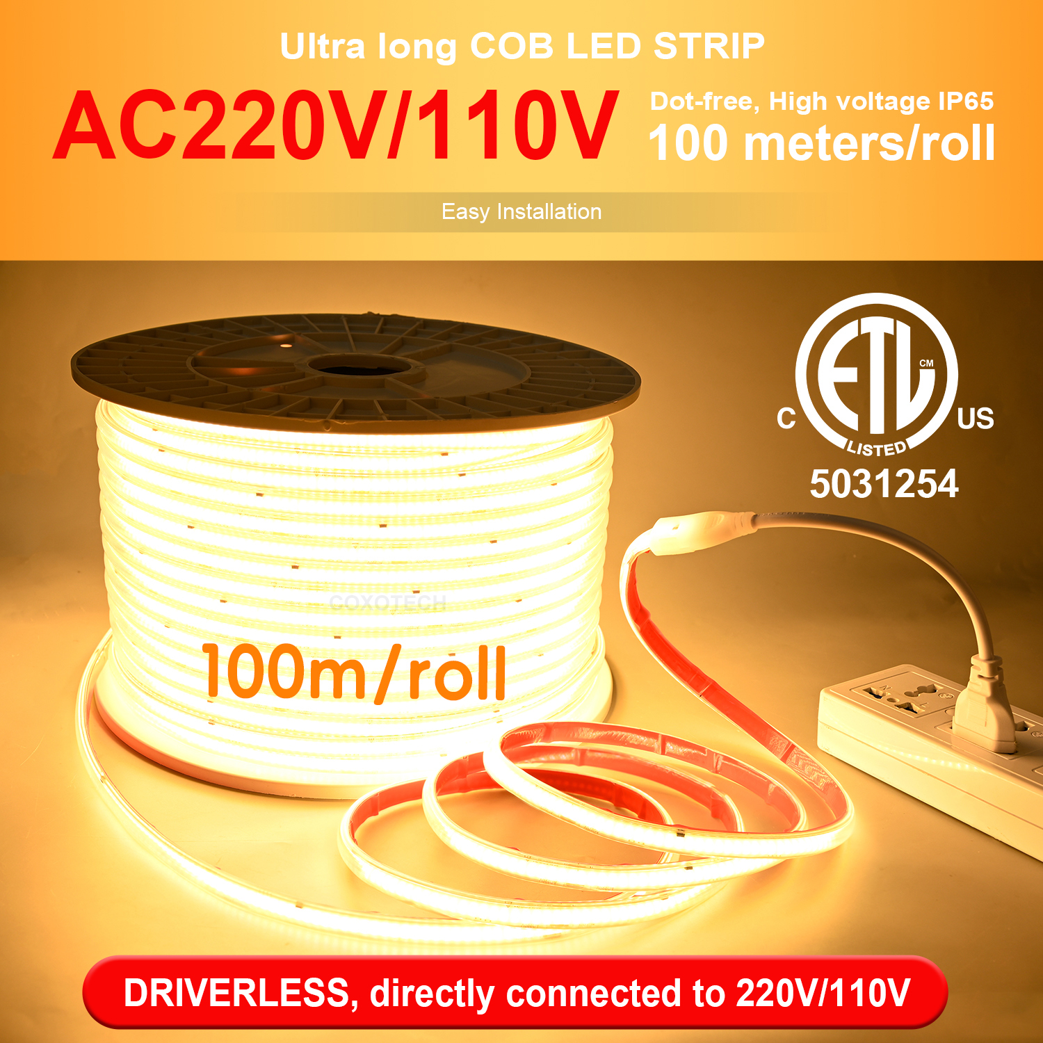 COXO Led Strip Band Ac 230v 220v 110V Driverless Ip65 Waterproof Dot Free 296led 50m 100m Roll Cob Led Light Strip 220v