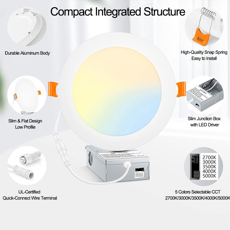 6"12W Ultra Thin Recessed Lighting with Junction Box 5CCT Dimmable Panel Lights LED Ceiling Downlight ETL Energy Star Certified