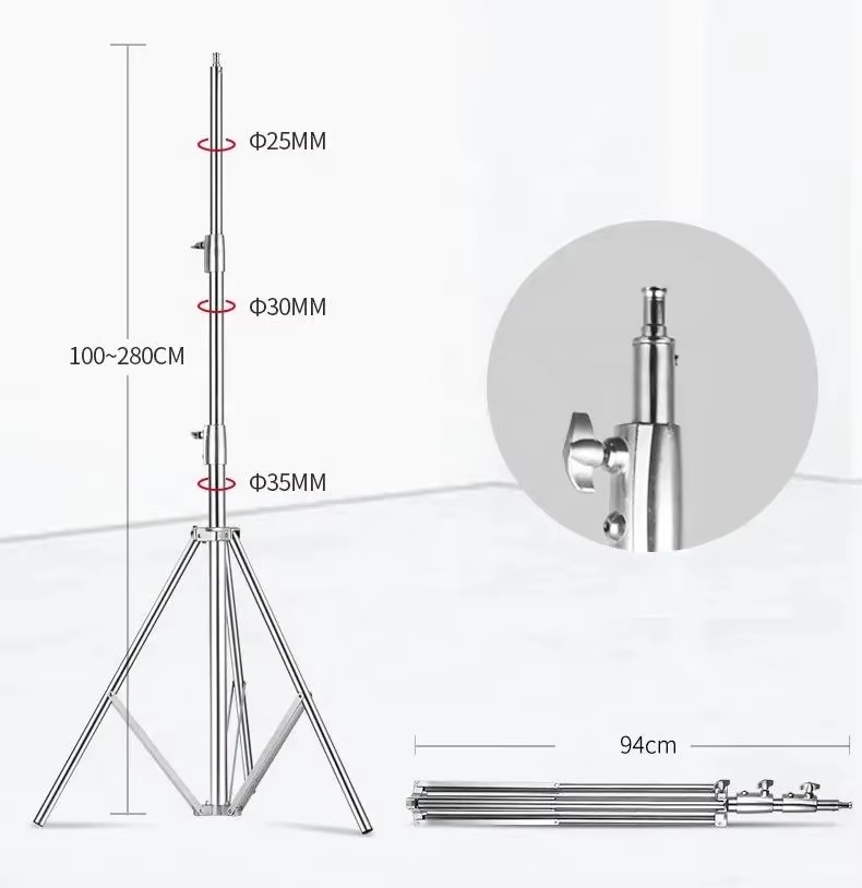 2.8m Light Stand Stainless Steel Spring Cusioned Heavy Duty Tripod Stand for Photography Studio Lighting Stand Softbox
