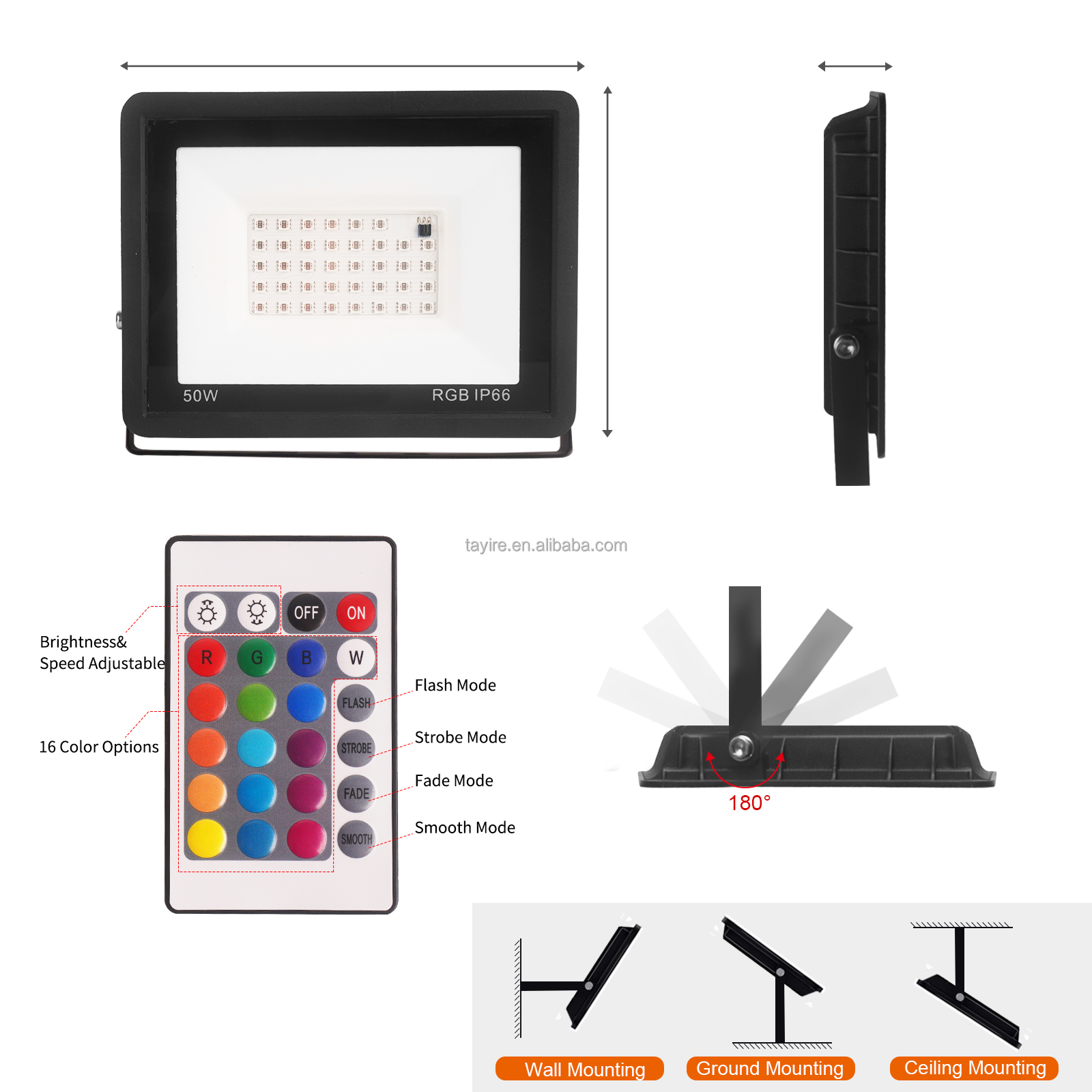 50/100W RGB LED Floodlight Multicolor Remote Control Dimmable IP66 Memory Function Brightness Adjustable Party Stage Light