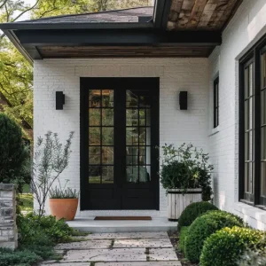 Custom Exterior Aluminum French Doors with Security Grid Design — Black Frame and Tempered Glass
