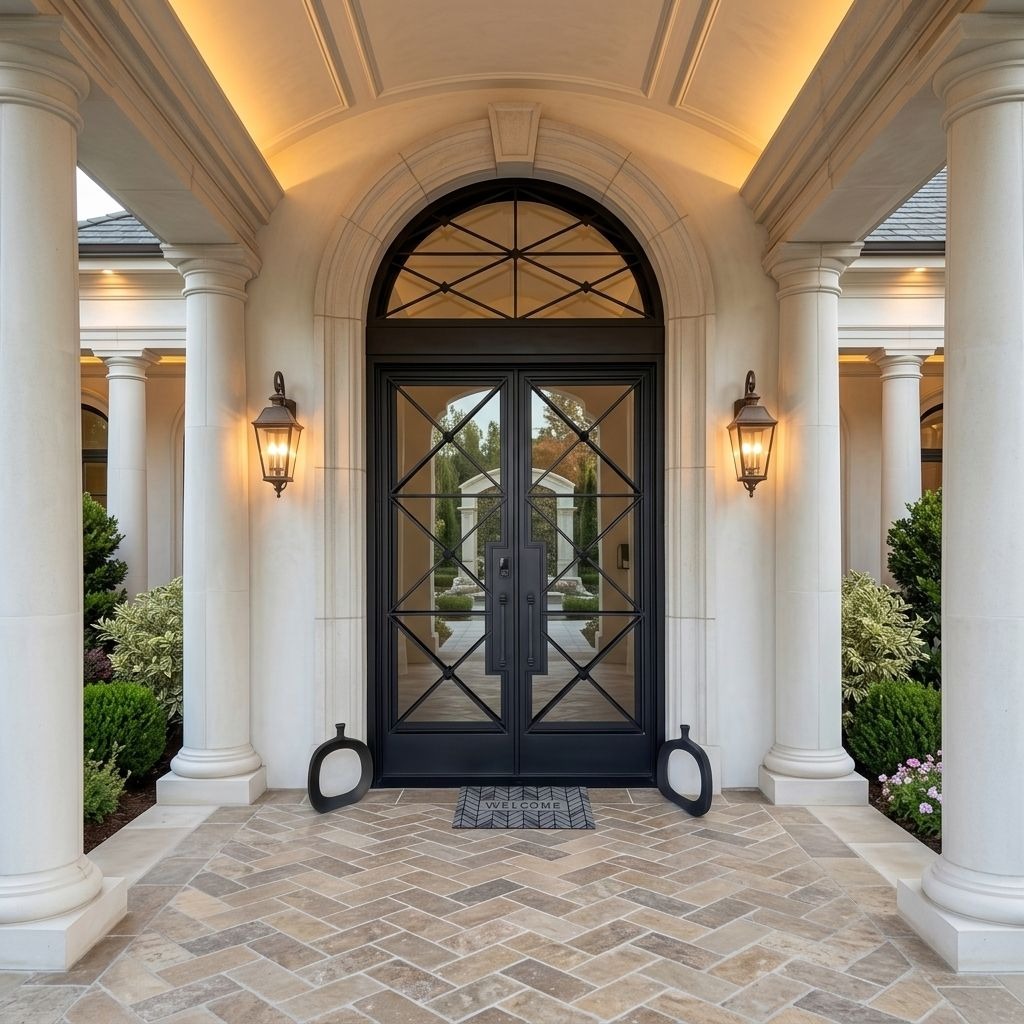 DERCHI Fancy Round Top Wrought Iron Double Tempered Glass Entryway Door